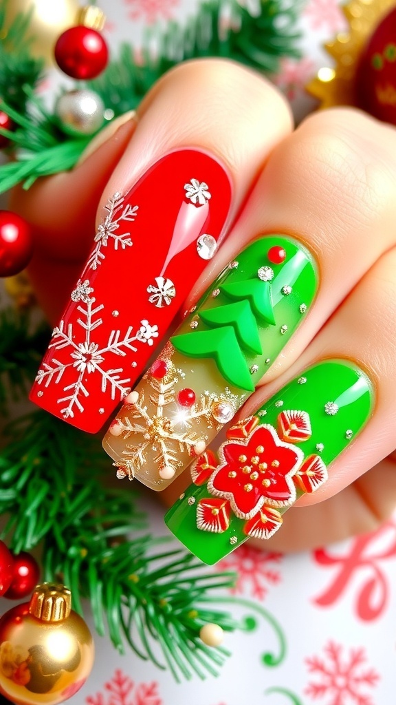 A set of festive 4D Christmas nail art with snowflakes and Christmas trees on a colorful background.